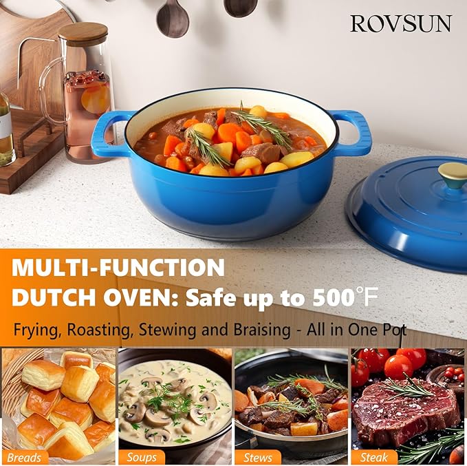 ROVSUN Enameled Cast Iron Round Dutch Oven, 7.5QT Pot with Lid &Dual Handles with Silicone Gloves,Oven Safe up to 500°F, Heavy-Duty Pre-Seasoned Cookware for Bread Baking, Braising, Stews, Roasting,Blue