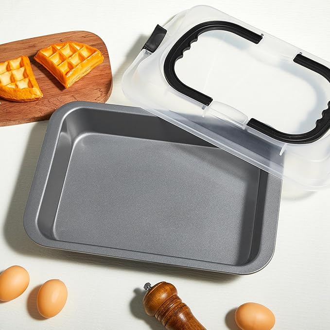 Qinyoung 2 Pcs Cake Baking Pan with Lid and Handle, 9 x 13 Inch Non-stick Rectangle Sheet Cake Pan Carrier for Brownie Roasting Cooking Baking (Black Gray)