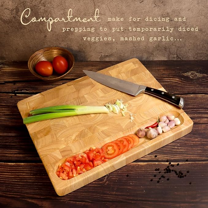 End Grain Cutting Board (20 x 15 x1.5 inch) Extra Large & Thick, End Grain Built-In Compartment and Juice Canal, Heavy Duty Chopping Board, Thick Carving Board for Bread Fruits Meat