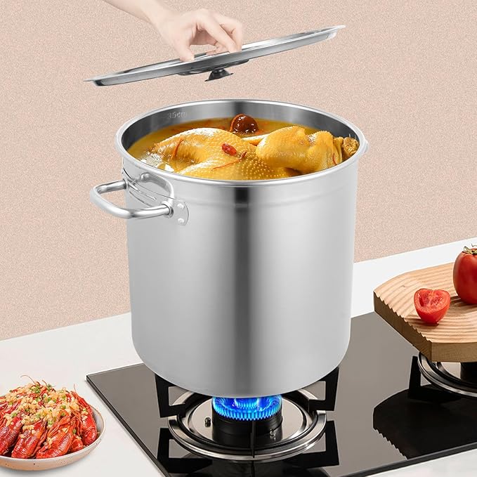Stainless Steel Cookware Stockpot, 30Qt Heavy-Duty Cooking Pot, Large Stock Pot with Lid & Handles for Frying, Brewing, Seafood Boil & Soup, Even Heat Distribution, Easy-Clean