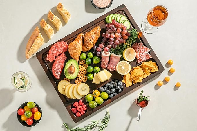 Walnut Cutting Boards For Kitchen, End Grain Wooden Cutting Board with Handle, Dark Walnut Chopping Board Double Sided Charcuterie Boards For Meat, Vegetables, Fruits, Cheese, 17”X13” X1”