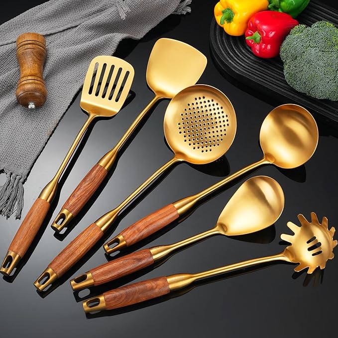 Gold Kitchen Utensils Set with Wooden Handle, 6 PCS Professional Stainless Steel Cooking Utensils Set, Wok Spatula, Ladle, Skimmer, Slotted Spatula Turner, Spaghetti Spoon, Large Spoon
