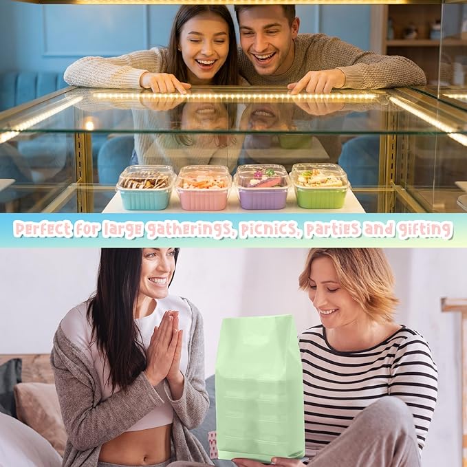 212 Pack Macaron Mini Cake Pans Set with Lids and Spoons Include 50 Macaron 5oz Disposable Aluminum Foil Baking Pans 50 Lids 50 Spoons 50 Sealing Sticker 12 Gift Bags for Dessert Cake