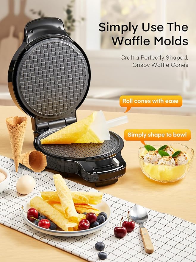 FOHERE Waffle Cone Maker Machine and Ice Cream Bowl Maker with Temperature Control, Double Side Nonstick Waffle Bowl Maker with Cone Roller, 7.5” Thin Waffle Maker for Home Kitchen (Black)