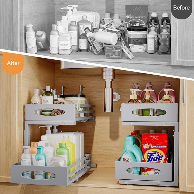 Under Sink Organizer, 2 Tier Under Sink Organizers and Storage, Adjustable Height, Slide out Metal Cabinet Organizers, Pull out Cabinet Storage Drawer Shelf for Kitchen Bathroom (Gray, 2Pack)