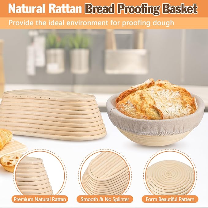 E-far Bread Proofing Basket, 9 Inch Round and 10 Inch Oval Sourdough Bread Baking Supplies, Complete Sourdough Starter Kit for Beginners