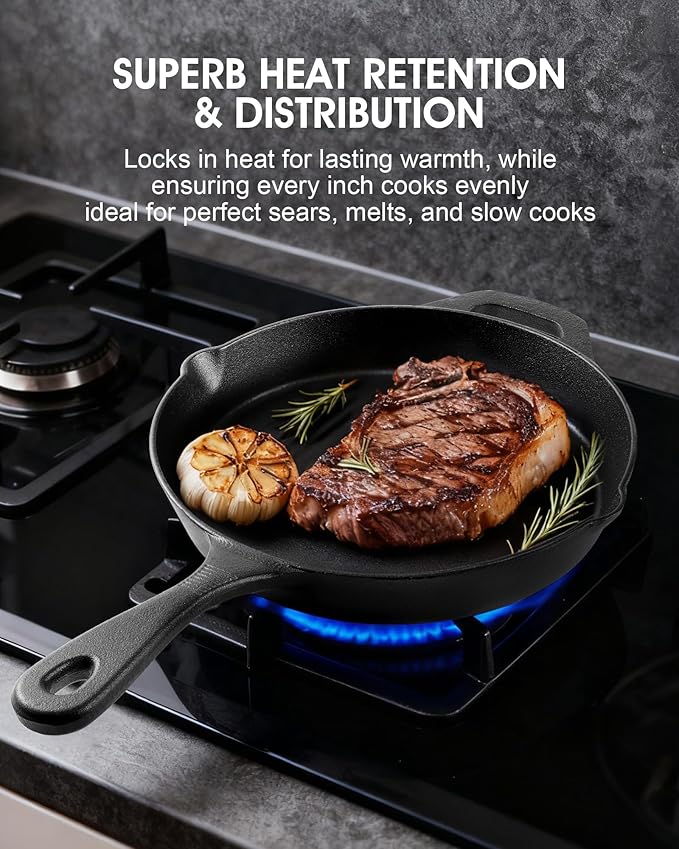 Cast Iron Skillets, 9.5 Inch Frying Pan with Teardrop Handle, Oven Safe, Durable Camping Cookware for Stove & Grill Use, Indoor/Outdoor