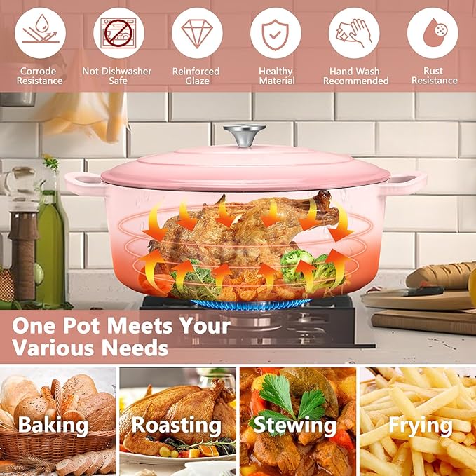 TeamFar 7QT Oval Dutch Oven, Enameled Cast Iron Dutch Oven Pot with Lid, For Bread Baking/Stewing/Braising/Frying, Suitable for Various Stoves, Non-stick & Easy Clean, Pink