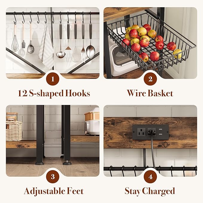 Kitchen Bakers Rack with Storage, 6-Tier Coffee Bar Station with Power Outlet, Microwave Stand with 12 S-Shaped Hooks, Open Kitchen Storage Shelves for Spices, Pots and Pans, Rustic Brown