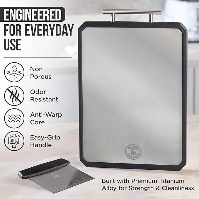 Swing Swagger Titanium Cutting Board for Kitchen with Measuring Scraper – 16” x 11” Double-Sided Metal Cutting Board, Non-Toxic, Food-Grade Titanium & Wheat Straw PP, Steel Grip Handle, Non-Slip Edges