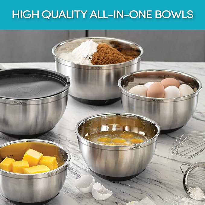 Belwares Mixing Bowls with Airtight Lids - 8PCS Stainless Steel Nesting Mixing Bowls Set Non-Slip with 3 Grater Attachments, Kitchen Bowls, Sizes 5, 4, 3.5, 2, 1.5QT for Baking & Food Prep (Black)
