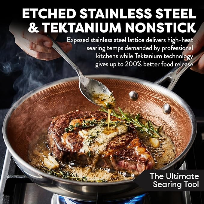 Gotham Steel Hybrid 3pc Stainless Steel Non Stick Frying Pans Set, 8,10,12 inch Ceramic Frying Pan Skillet Set, Induction Ready, Made without PFAS & PFOA, Oven and Dishwasher Safe - Copper