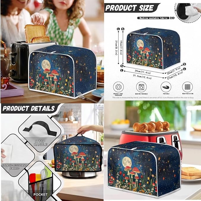 Unique Toaster 4 Slice Cover Thanksgiving Day Decorations Set, Blender Bread Toaster Slow Cooker Cover Fit for Most 6-8 Qt Slow Cookers, Mushroom Moon (Blue)