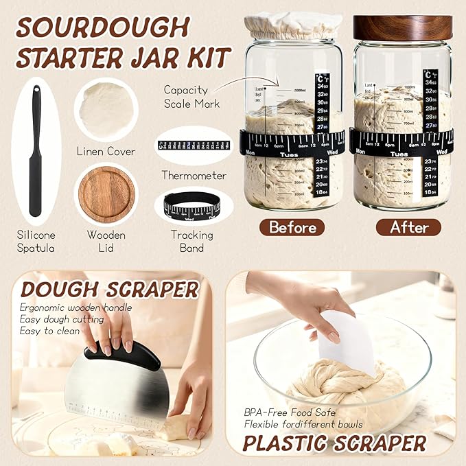 Sourdough Starter Kit,40oz Sourdough Starter Jar with Wooden Lid,2 Banneton Bread Proofing Baskets (9”Round & 10”Oval),Bread Making Supplies Tools,Sourdough Bread Baking Supplies,for Baking Beginners