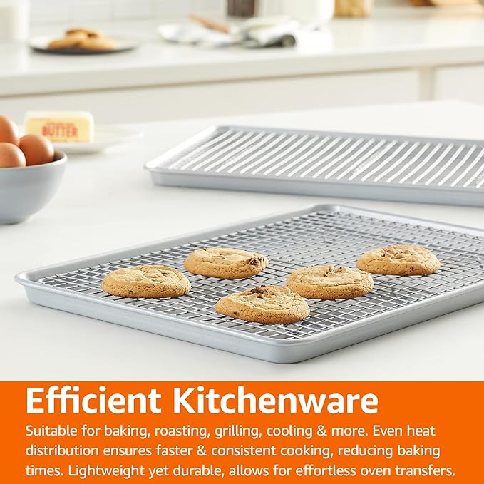 Amazon Basics Ceramic Nonstick Baking Sheets & Cooling Rack Set, PTFE & PFOA Free, Dishwasher Safe, Oven Safe, Half Sheet Size, Gray, 2-Pack