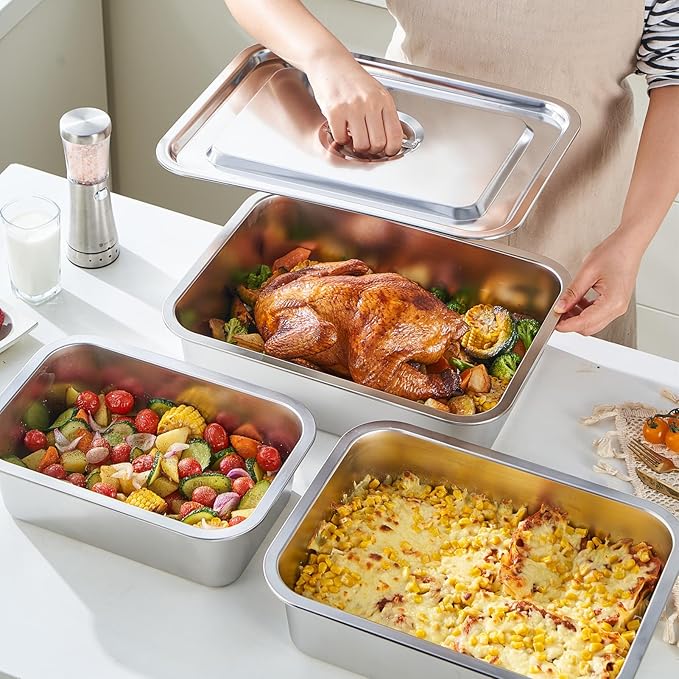 4-Piece 4 Inch Extra Deep Lasagna Pan with Lid, 11.6x15.6 Inch 9.2QT Large Stainless Steel Nonstick Lasagna Baking Roasting Dish Pan for Oven(L, 2 Pack)