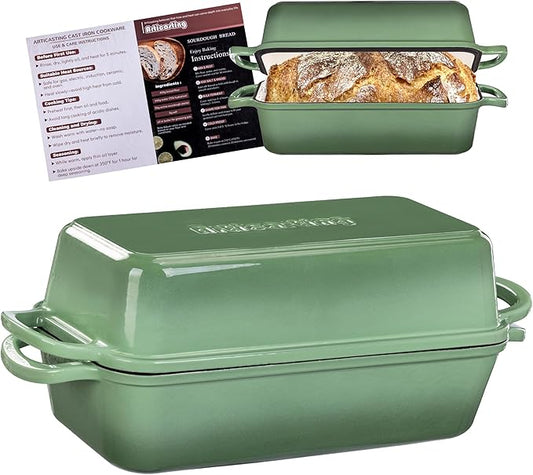 11x5 Inch Cast Iron Loaf Pan With Lid, 5.8 Qt Large Loaf Pans for Sourdough Bread Baking, Heavy Duty Dutch Oven Bread Pan For a Crispy Crust, Pistachio