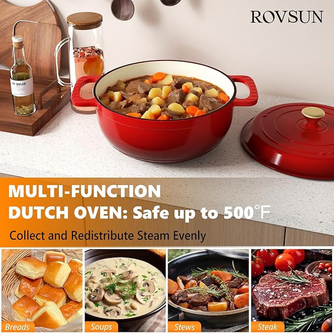 ROVSUN Enameled Cast Iron Round Dutch Oven, 6QT Pot with Lid &Dual Handles with Silicone Gloves,Oven Safe up to 500°F, Heavy-Duty Pre-Seasoned Cookware for Bread Baking, Braising, Stews, Roasting, Red