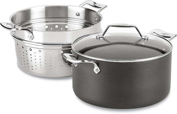 All-Clad Essentials Hard Anodized Nonstick Multi-Pot 7 Quart Oven Broiler Safe 500F Strainer, Pasta Strainer with Handle, Pots and Pans Black