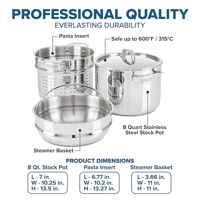 Viking 3-Ply Stainless Steel Pasta Pot with Lid, 8 Quart, 4 Piece Multipot Kitchen Cookware, Includes Pasta Insert and Steamer Basket, Dishwasher and Oven Safe, Induction Ready, Silver