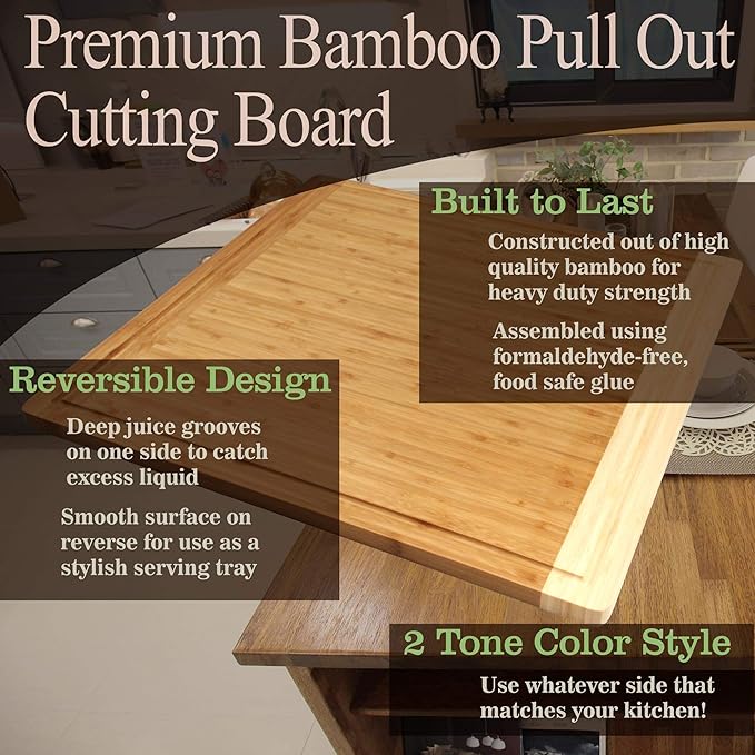 BambooMN Universal Premium Pull Out Cutting Boards - Under Counter Replacement - Designed To Fit Standard Slots - Heavy Duty Kitchen Board with Juice Groove - 20" x 18" x 0.75" - 1 Piece