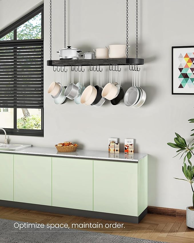 39.4-Inch Hanging Pot Rack, Space-Saving Pot Hanger for Kitchen, Ceiling Pan Hanging Rack with 16 Detachable S Hooks, Sturdy Metal Frame, Industrial Style, Charcoal Black and Black TPR10BC