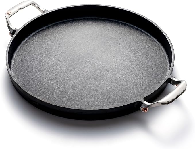 Outset Grill Paella and Deep Dish Pizza Pan, Cast Iron BBQ Pan with Handles, 18.15” x 14.11” x 1.25"