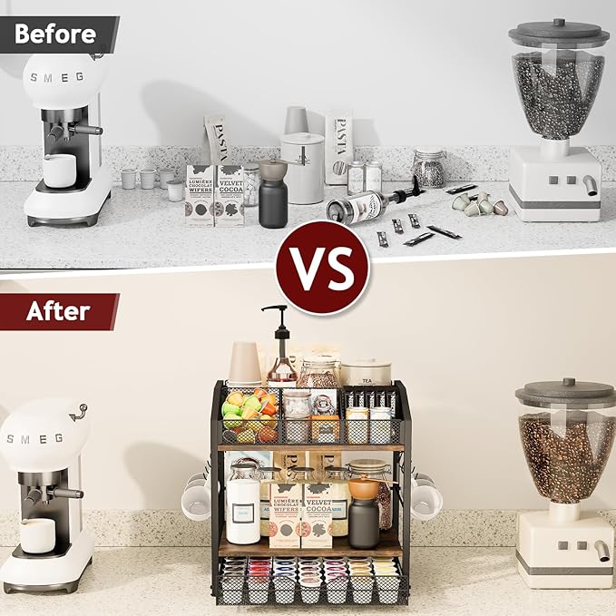 Coffee Bar Organizer - Countertop Coffee Station, 42 K Cup holder Storage Basket with Drawer and Hooks for Syrup, Cups, Stirrer, Condiment, Tea Organizer, Black and Brown