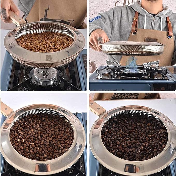 Coffee Roasting Tool, Stainless Steel Coffee Roaster with Wooden Handle, Home Kitchen Baking Tool