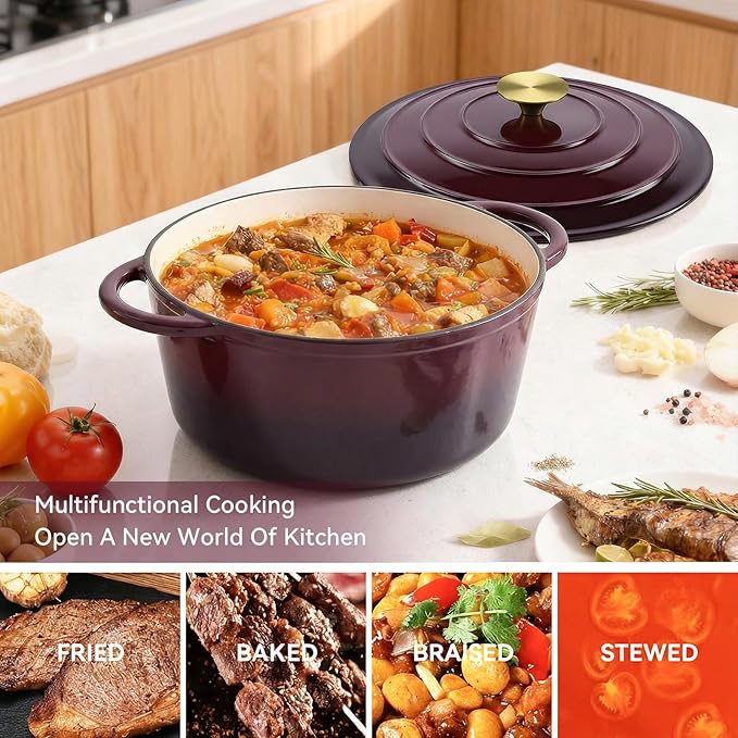 Miereirl 4.5 Quart Enameled Dutch Oven Pot with Lid, Cast Iron Dutch Oven with Dual Handles for Bread Baking, Cooking, Non-stick Enamel Coated Cookware, Fig