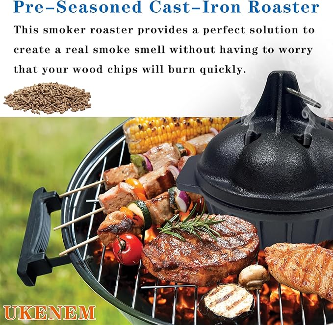 Cast Iron Wood Stove Cooking Bundle, 1.4Qt Steamer/Humidifier + Garlic Roaster with 4 Iron Fish - Dual-Layer Simmer Pot & Smoker Box Set for Vegetables, Meats, and Eco Heating Solutions