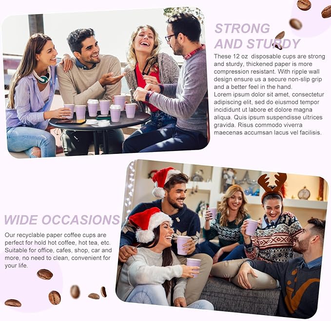 Patelai 48 Pcs 12 oz Disposable Coffee Cups with Lids and Sleeves Bulk, Insulated Hot Chocolate Paper Cup for Hot and Cold Beverage Water Juice Cocoa Party Restaurants Supplies (Macaron Purple)