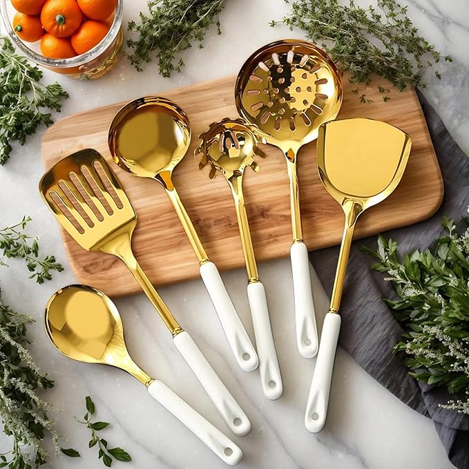 Novellus Stainless Steel Gold Kitchen Utensils Set with Holder, 7pcs Kitchen Accessories for Cooking Includes Soup Ladle, Metal Spatula, Slotted Spoon, Slotted Spatula, Pasta Spoon, White & Gold