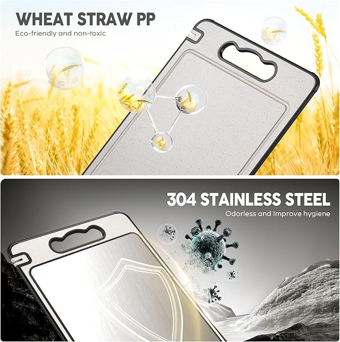 Double Sided 304 Stainless Steel & Wheat Straw Cutting Board, Non Toxic Chopping Board, Dishwasher Safe,16"*11"with 14.4"*9.8",2PCS