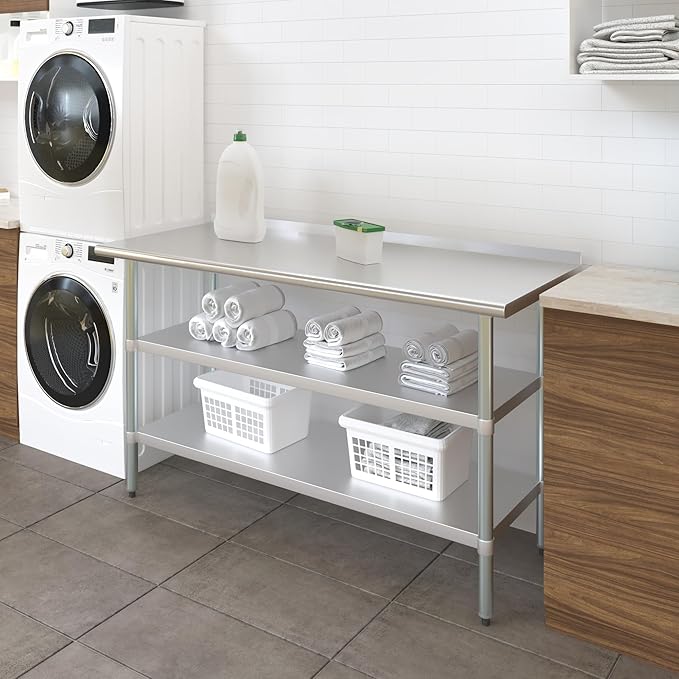 AmGood Stainless Steel Work Table with 1.5" Backsplash and 2 Shelves | NSF (60" Long x 24" Deep)