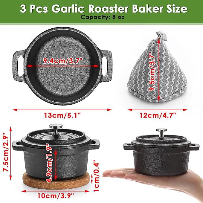 3 Pcs Mini Cast Iron Dutch Oven Set – 8 oz Garlic Roaster Cocotte Pots with Lids, Handles and Cork Pan Mats Small Cast Iron Pots for Baking, Roasting, BBQ Grill, Stovetop and Oven Use