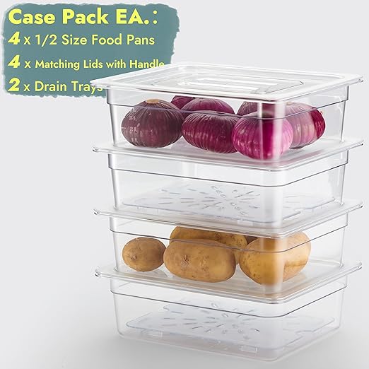 CURTA 4-Pack 1/2 Size 4" Deep NSF Polycarbonate Food Pans with Handled Lids & Drain Trays | Dishwasher & Freezer Safe Clear Container for Prep Tables, Buffet, Salad Bar, Commercial & Home Kitchen