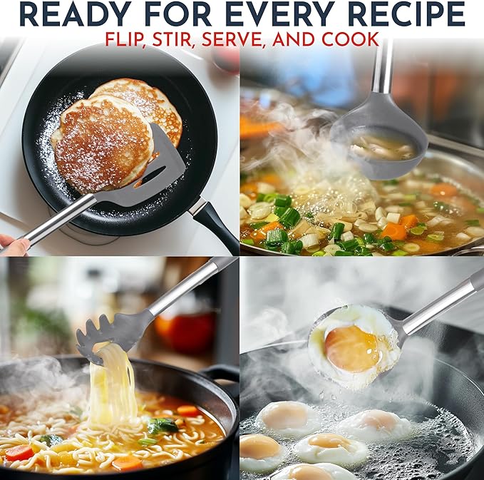 Silicone Kitchen Utensils Set 34 Pieces 450 °F Heat Resistant - Grey Cooking Utensils-Set for Nonstick Cookware - Silicone Spatulas Set, Stainless Steel Handle & Other Kitchen accessories