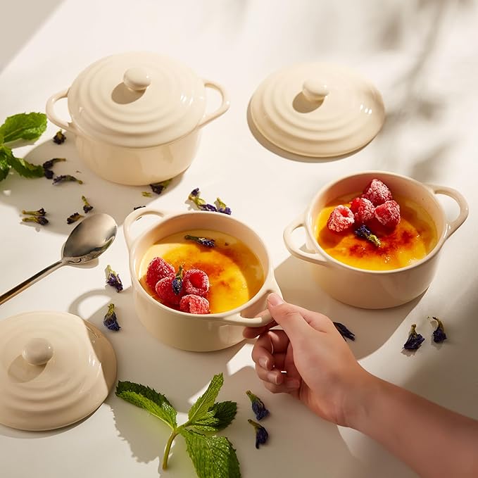 Kook Ceramic Mini Cocotte Set, Small Casserole Dishes with Lids and Handles, Individual Baking Ramekins, Oven, Microwave & Dishwasher Safe, Stoneware, 12 oz, Set of 4, Ivory