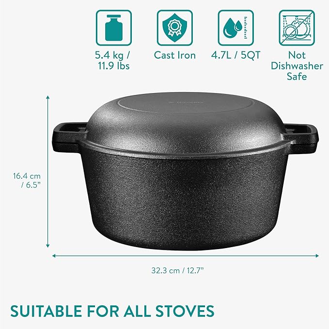 Navaris Cast Iron Casserole Dish Pot 5QT / 10.2" (4.7L / 26cm) - Dutch Oven for Bread Making - Pre-Seasoned Cast Iron Pot with Lid Usable as Frying Pan