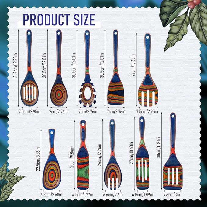 10 Pcs Pakkawood Kitchen Utensils Set Blue Rainbow Pakkawood Wooden Spoons for Cooking with Spatula, Slotted Turner, Rice Paddle Long Handle Non Stick Utensils Set for Household Women Gifts