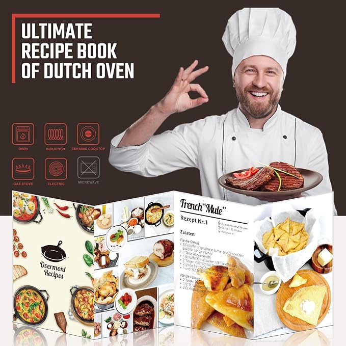Overmont 2-in-1 Cast Iron Dutch Oven - 7QT Pre-Seasoned All-in-One Casserole Braising Pan with Skillet Lid Cookbook & Silicone Handle Covers - Heavy Duty Oven-Safe Pot for Bread Baking Frying Camping