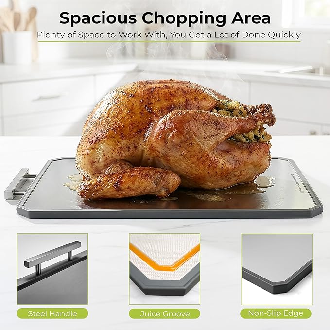 Freshware Titanium Cutting Board for Kitchen, Double Sided and Non Slip Cutting Boards with Handle, Pure Titanium/PP, Chopping Board with Juice Grooves, Dishwasher Safe, Extra Large 19.7" by 13.5"