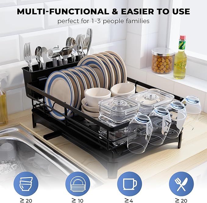 Pukomc Dish Drying Rack, Stainless Steel Iron Dish drainers for Kitchen Counter with Cutlery & Cup Holders,Over The Sink Dish Drying Rack,Large,Black