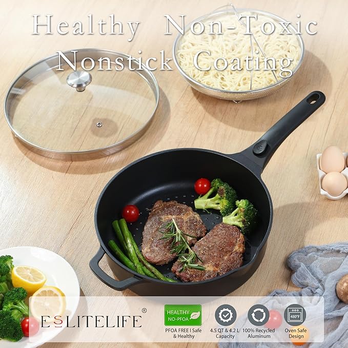 ESLITE LIFE Nonstick Always Pan with Lid, 11 Inch(4.5 Qt) Deep Frying Skillet Sauté Pan, Safe for Oven, Induction & All Cooktops, PTFE & PFOA Free (Black Granite, 11" w/Lid & Steamer)