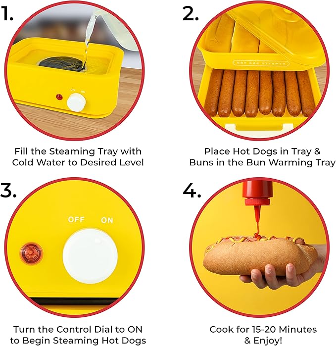 Nostalgia Oscar Mayer Diner-Style Hot Dog Steamer and Bun Warmer, 8 Hot Dog and 4 Bun Capacity, Steam Bratwursts, Sausages, Vegetables, Fish, Dumplings, Yellow