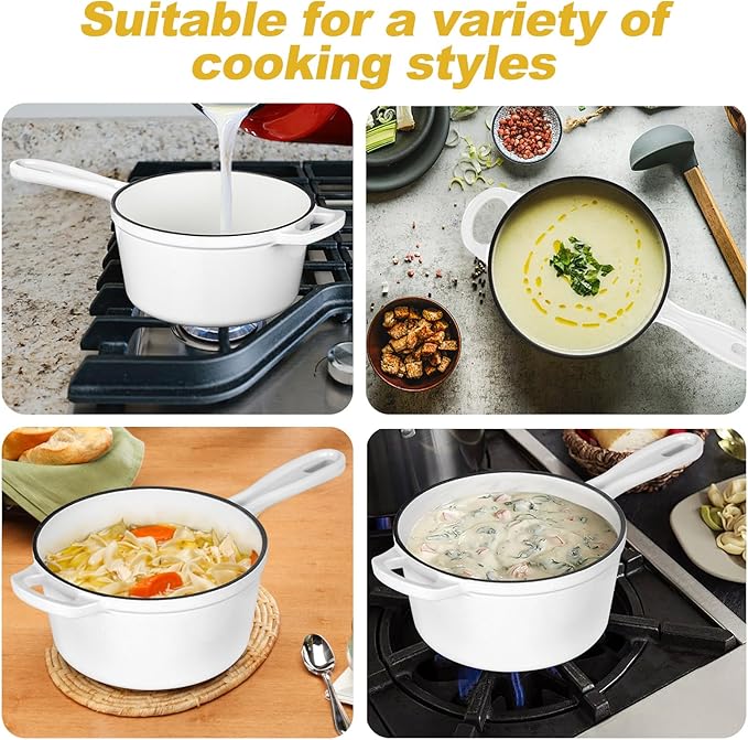HaSteeL 1 QT Cast Iron Saucepan, Mini Enamel dutch oven with lid, Small Non Stick Pan for Milk, Pasta Tomato Sauce, Butter, Breakfast, Soup, Suitable for Boiling Stewing Frying, Easy to Clean, White