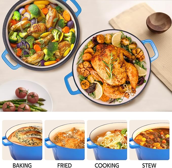 2 in 1 Enameled Cast Iron Dutch Oven Pot 6QT with 2QT Lid - Big Dual Handles - Oven Safe up to 500°F - Classic Round Pot for Versatile Cooking Blue