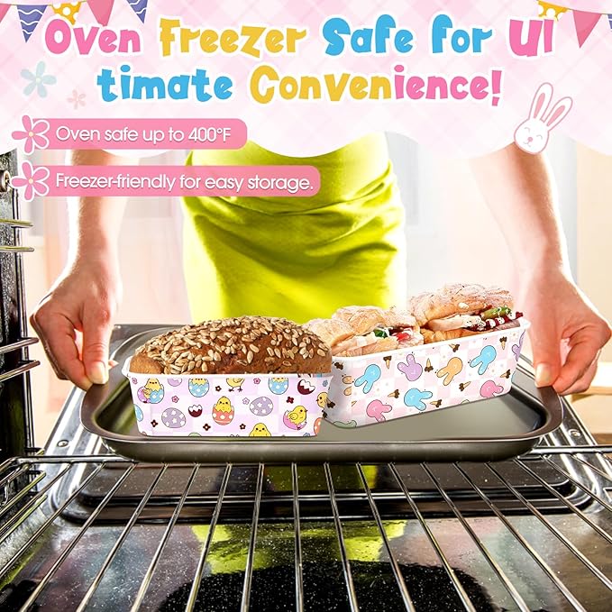 Honeydak 100 Sets Easter Paper Baking Pans Bulk Paper Loaf Pans for Baking 6.3 x 2.2 x 2.2 in Spring Disposable Serving Tray Bunny Chick Egg Patterns Party Supplies (Easter)