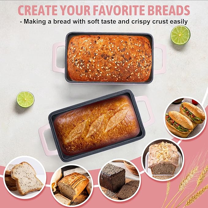 P&P CHEF 2-In-1 9 x 5 Inch Cast Iron Loaf Pan with Lid (Pink), Bread Loaf Pans for Baking Homemade Sourdough Bread, Meatloaf, Toast, Cake, Nonstick & Healthy & Sturdy, 2 Piece Set
